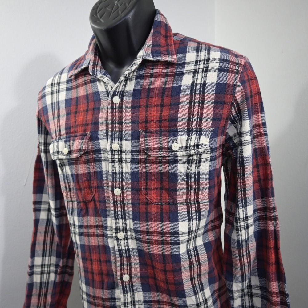 American Eagle Flannel Button Up Mens M Red Blue Plaid Long Sleeve Pocket